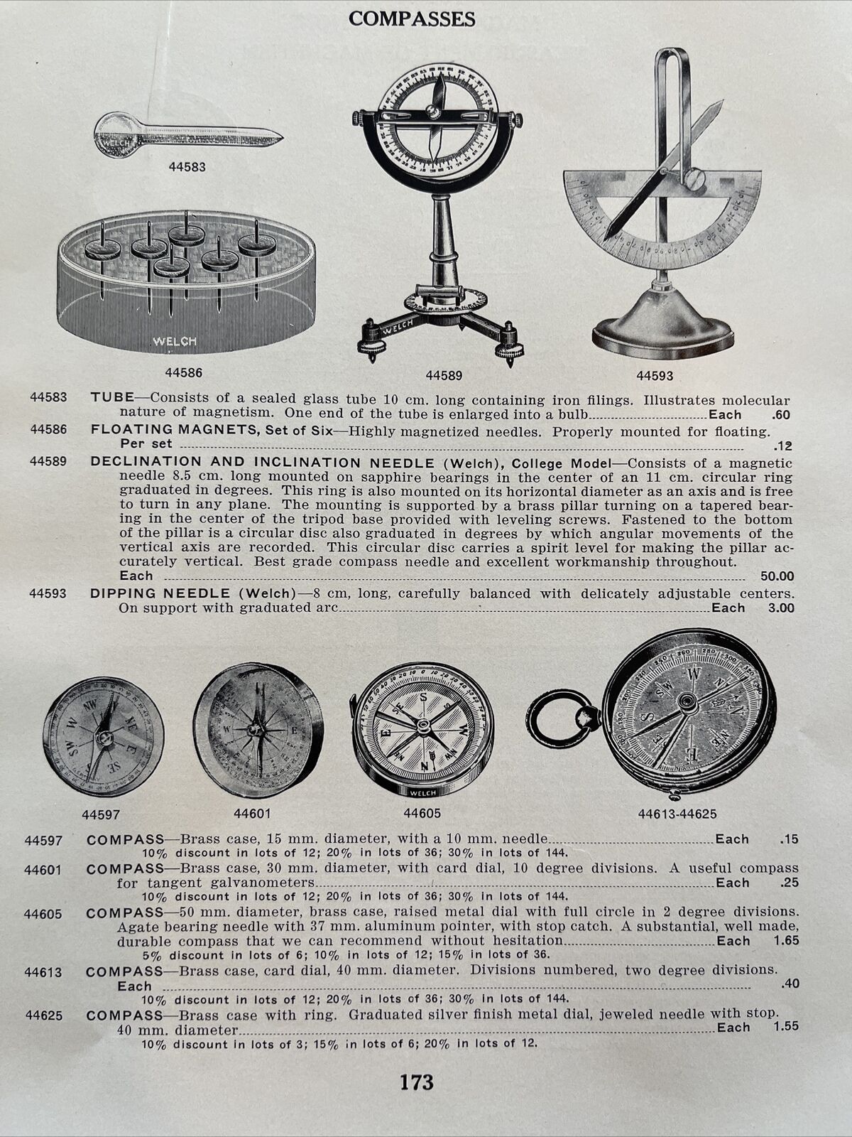 1935 Vintage Ad Science Catalog Illustrated  Page Brass Compass Magnetic Measure
