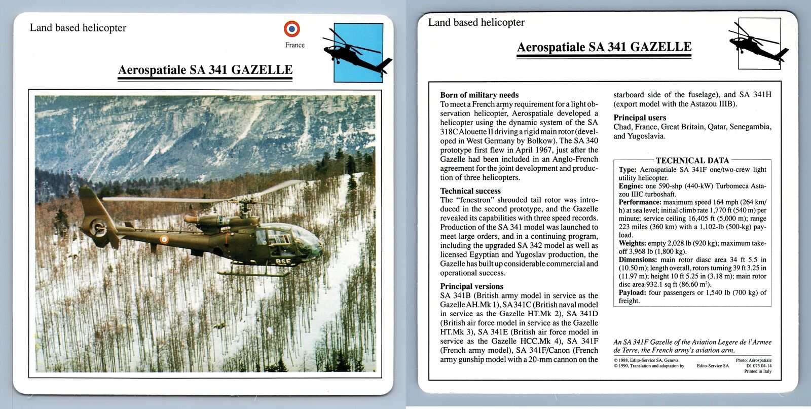 Aerospatiale SA 341 Gazelle - Land Based - Warplanes Collectors Club Card