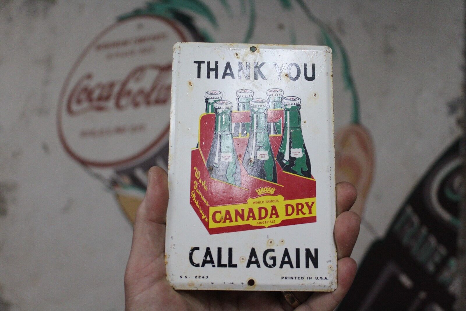 1950s CALL AGAIN CANADA DRY GINGER ALE STAMPED PAINTED METAL DOOR SIGN MIX SODA