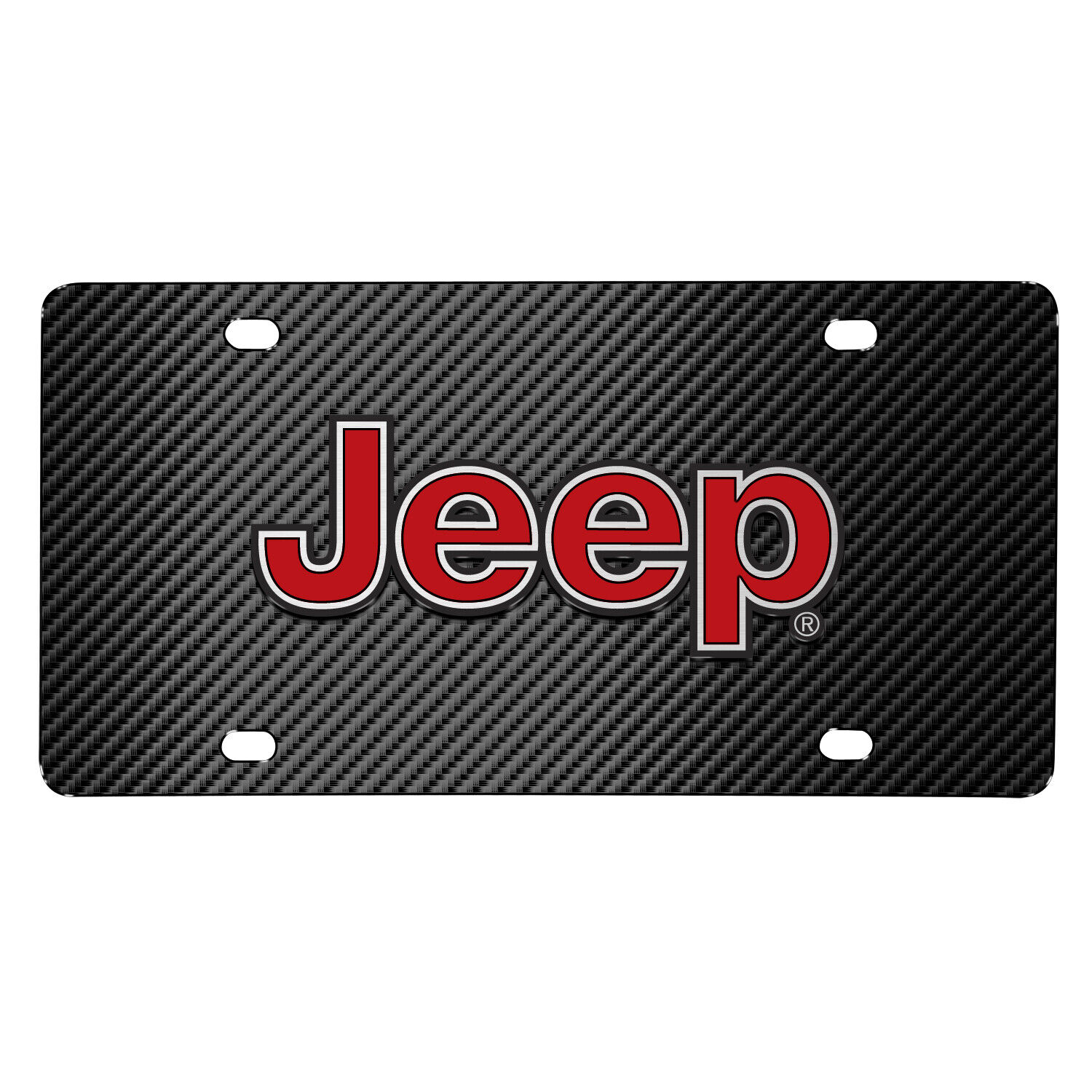 Jeep in Red 3D Logo on Black Carbon Fiber Patten Stainless Steel License Plate