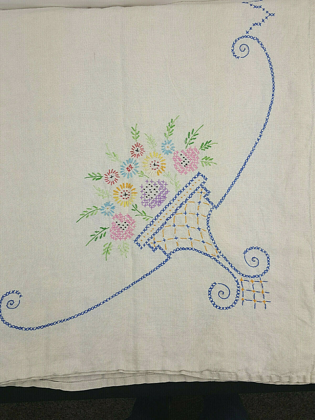 Vintage Linen Tablecloth Embroidered Square Flower Baskets Pink Blue Yellow