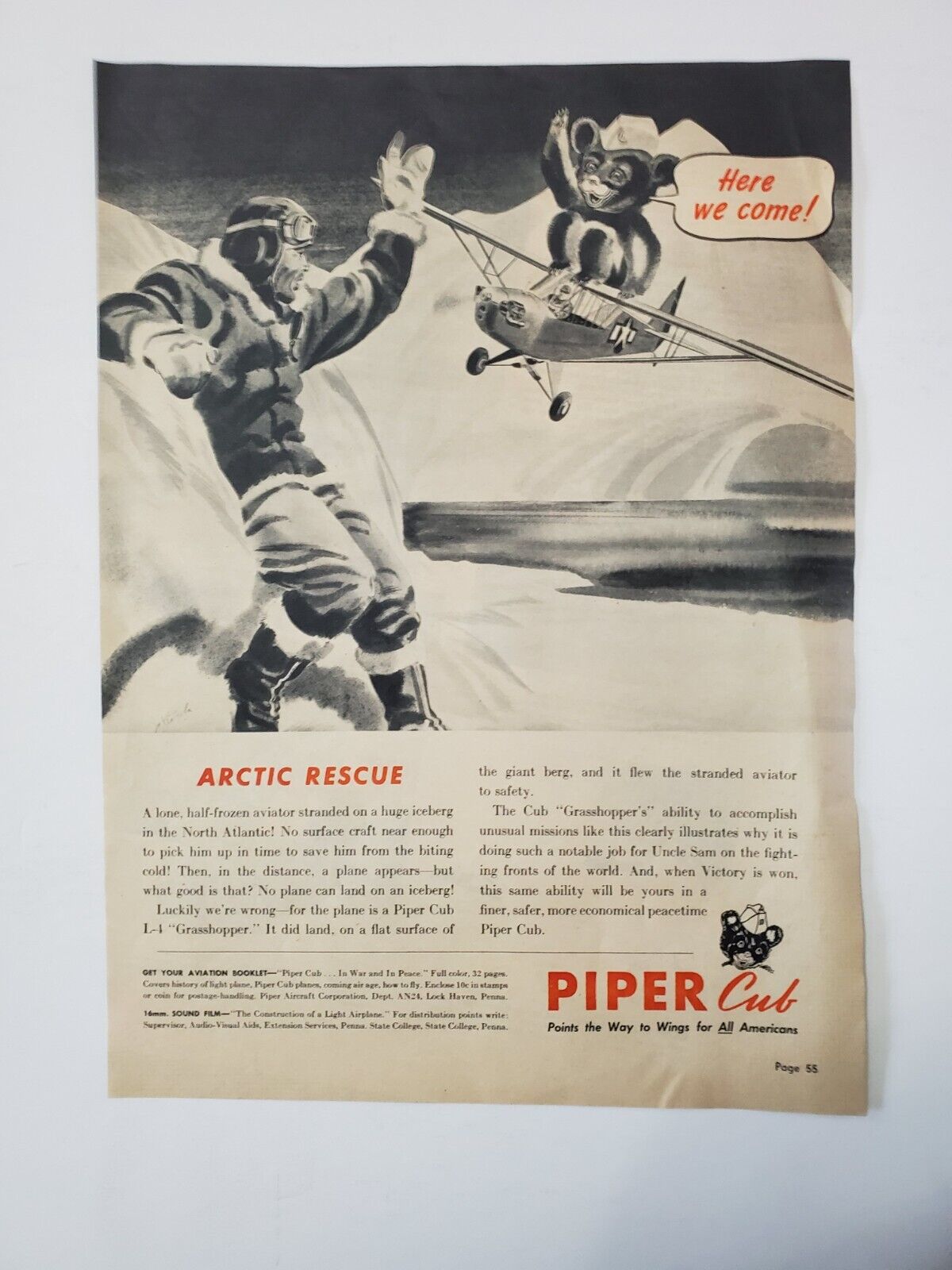1944 Piper Cub Vintage WWII Print Ad Arctic Rescue Bear Flying Plane