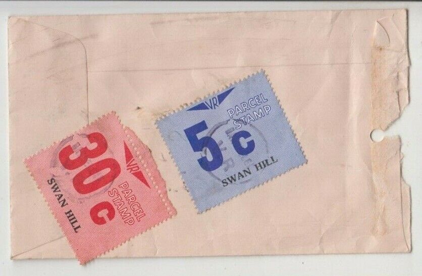 Railway parcel stamp 30c & 5c Swan Hill station Victoria Beaurepaire Tyres cover