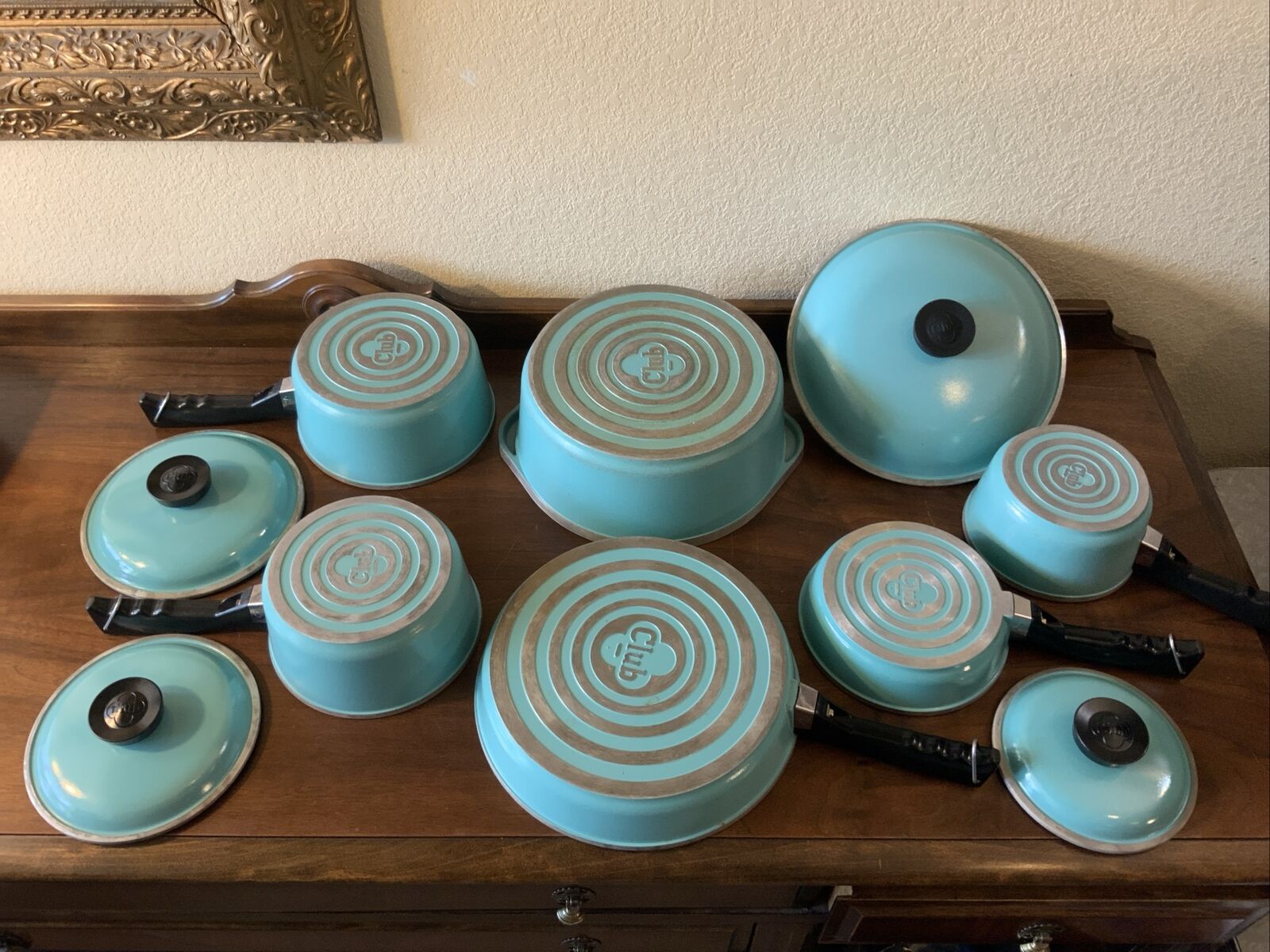 Set of 10pcs Vintage Club Aluminum Cookware Pots Pans Dutch Oven Teal Blue Aqua