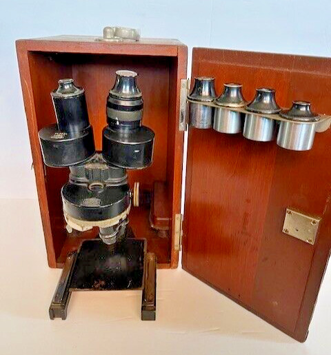 Vintage Spencer Buffalo stereoscopic binocular microscope extra lenses wood case