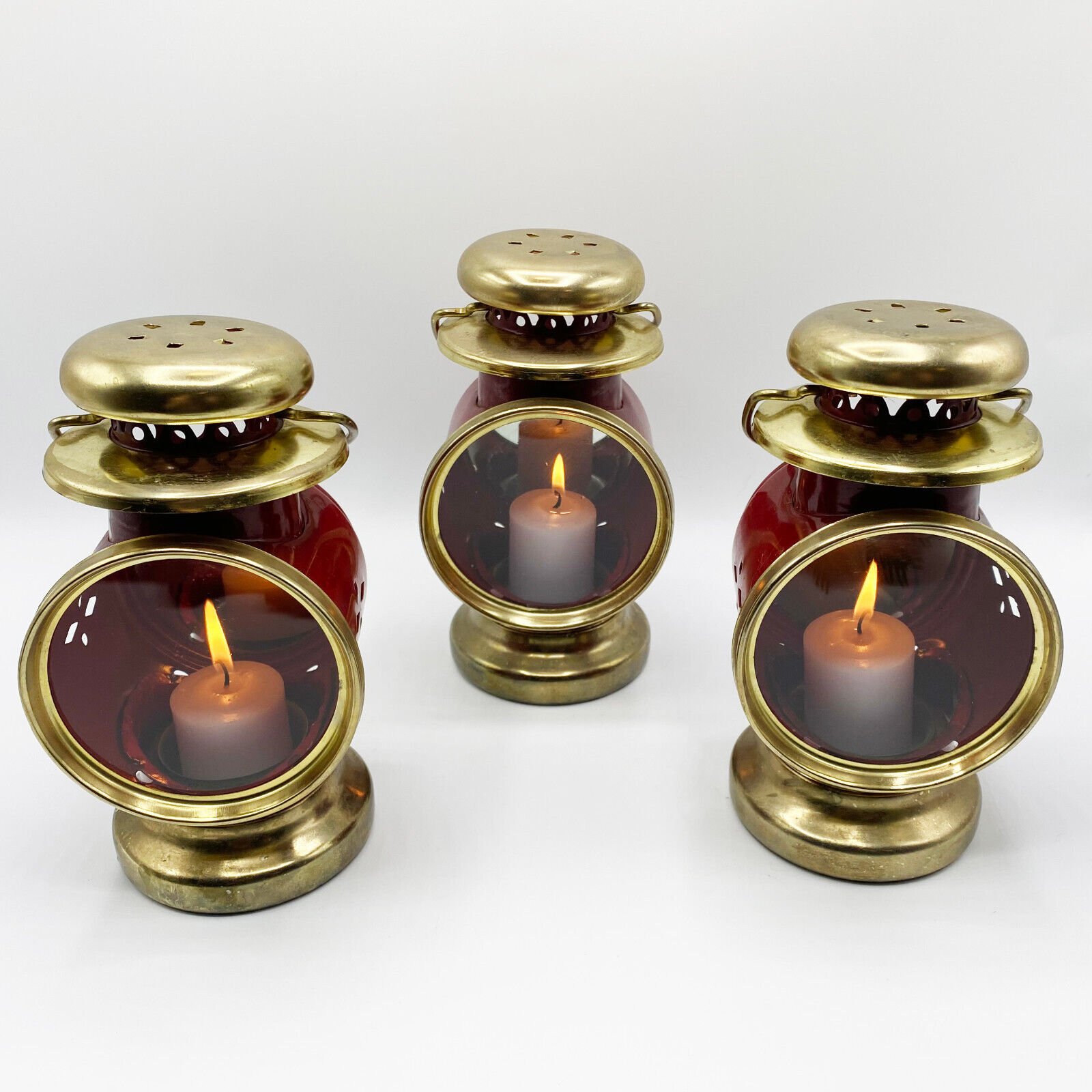 Vintage Set of 3 Red & Gold Christmas Lanterns Mirror Insets - Distressed Finish