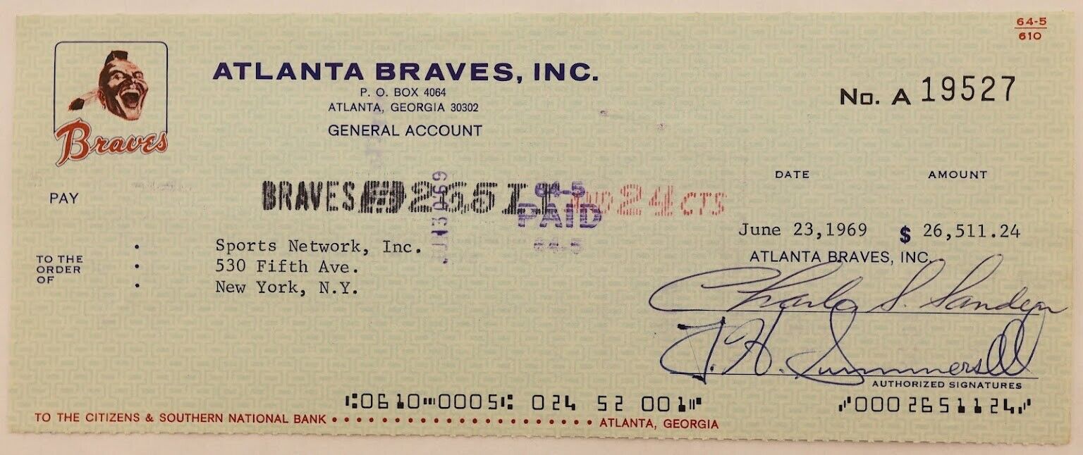 Vintage Atlanta Braves Illustrated Check #19527 to Sports Network Inc., 1969