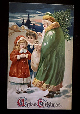 Long Green Robe Santa Claus in Snow w/ Children~Antique Christmas Postcard~h751 picture
