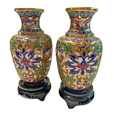 Vintage Twisted Wire CLOISONNE Pair Floral Enamel Vases Wooden Stands 6