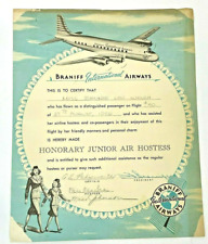 Vintage Braniff International Airways Honorary Junior Air Hostess Certificate  picture