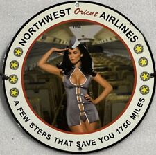 RARE NORTHWEST ORIENT AIRLINES CO GARAGE SEXY GIRL PINUP PORCELAIN ENAMEL SIGN. picture