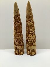 RARE Vtg hand carved resin faux Elephant Tusk pair African jungle owl Italy picture