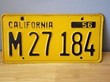 Vintage 1956 CALIFORNIA CA Auto Car Passenger License Plate M27184 Black Yellow picture