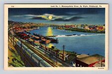 Pittsburgh PA-Pennsylvania Lock No 1 Monongahela River By Night Vintage Postcard picture