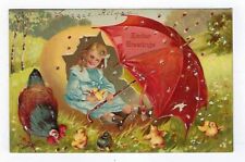 Early 1900's Easter Postcard Girl With Red Umbrella-Embossed Illustrated picture