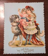 Girls & Dog Antique Victorian Embossed Chromo Card Love & Best Wishes picture