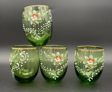 VTG Czech Emerald Green Glass Hand Painted Enameled Flowers Gold Gilt -Set of 4 picture