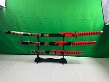 3pc Red Japanese Samurai Katana Sword Set w/ Stand Blade Weapon Collection Decor picture