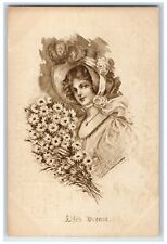 c1910's Pretty Woman Bonnet With White Daisy Flowers Russell Signed Postcard picture