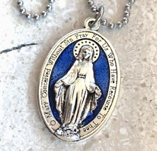 Miraculous Medal Necklace Pendant Virgin Mary Silver Blue Large 1-3/4