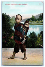 Hong Kong Postcard Chinese Life Boy Carrying Baby c1910 Antique Unposted picture