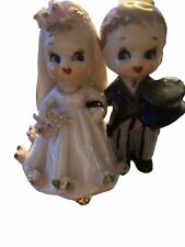 Vintage Kitschy 1956 Lefton Porcelain Bride And Groom Cake Topper Wedding Bell picture