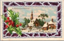 Vintage 1910s MERRY CHRISTMAS Embossed Postcard Church Scene / Holly - UNUSED picture