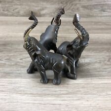 Metal Brass 3 Elephants Go Around Figurine Scultpure Base Trunks Up picture