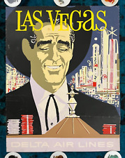 Original Travel Poster Delta Airlines Las Vegas Sin City Gambling Cowboy Casino picture