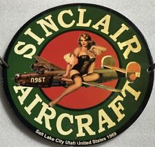 CLASSIC SINCLAIR AIRCRAFT AVIATION USA SEXY GIRL PINUP PORCELAIN ENAMEL SIGN. picture