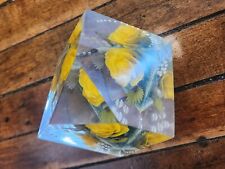 Vtg Lucite/Acrylic Yellow Rose Etched Geometric 7 Facet Paperweight 3x3 Inch picture