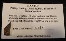 1.29 grams Haxtun Meteorite - Class H/L4 fragment - found in Colorado 1975 w/COA picture