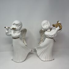 2 Atlantic Mold Ceramic Angels Playing Flute & Harp Statues 11 1/2
