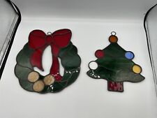 VINTAGE STAINED GLASS CHRISTMAS TREE & HOLLY WREATH W/ BOW SUN CATCHER picture
