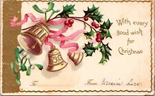 Vintage 1900 Christmas holly Embossed bells Postcard nostalgic a5 picture
