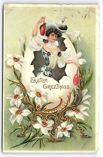 c1905 EASTER GREETINGS FLORAL VICTORIAN LADY EMBOSSED UNDIVIDED POSTCARD P2503 picture