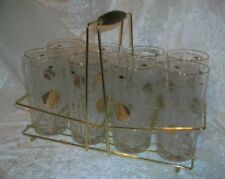 Vtg Continental Can Company CCC Sunflower Tom Collins Glasses Barware Teak Caddy picture