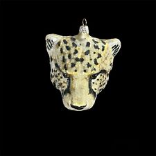 Vintage 90s Leopard Head Hand Blown Glass Ornament With Glitter Accents picture