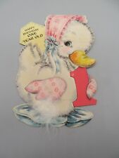 Vintage 1946 Hallmark Die Cut Flocked White Duck First Birthday Card picture