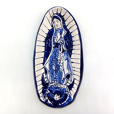 Talavera Pottery Wall Plaque Virgin of Guadalupe Blue Ceramic Santo Art Large 14 picture