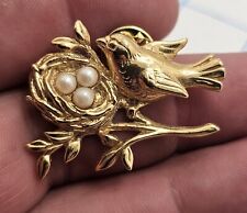 VTG Lapel Pinback Hat Pin Gold Tone Bird on Branch with Nest and Faux Pearl Eggs picture