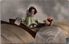 Vintage 1910s GEL Greetings Postcard Little Girl in Airplane w/ Letter / Flowers picture