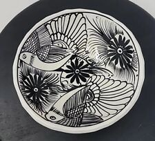 AMAZING Mexican Hand Painted Folk Art Pottery Bowl White Black  Birds picture