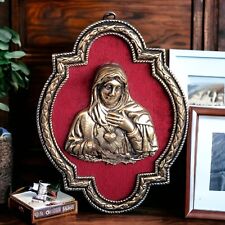 Antique Sagrado Coração de Maria Solid Bronze Red Velvet Plaque Wall Hanging  picture