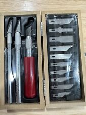 VINTAGE X-ACTO 3 KNIFE & 13 Blades WOOD CARVING SET IN Fitted WOOD BOX COMPLETE picture