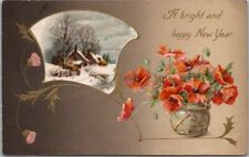 Vintage HAPPY NEW YEAR Postcard Winter House Scene / Poppy Flowers 1909 Cancel picture