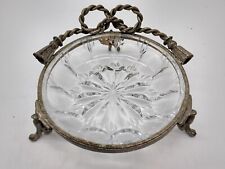 Vintage Clear Glass Dish Jewelry Brass Trim Stand Legs Ornate Hollywood picture