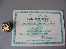 Vintage  1966 Continental Oil Company Conoco Safe Driver Certificate With Pin picture