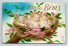 1926 French Babies in Bird's Nest Fantasy Hand Colored Postcard picture