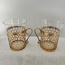 2 Royal Krona Sweden IRISH COFFEE Expresso Cups Mugs Gold Tone Metal & Glass picture